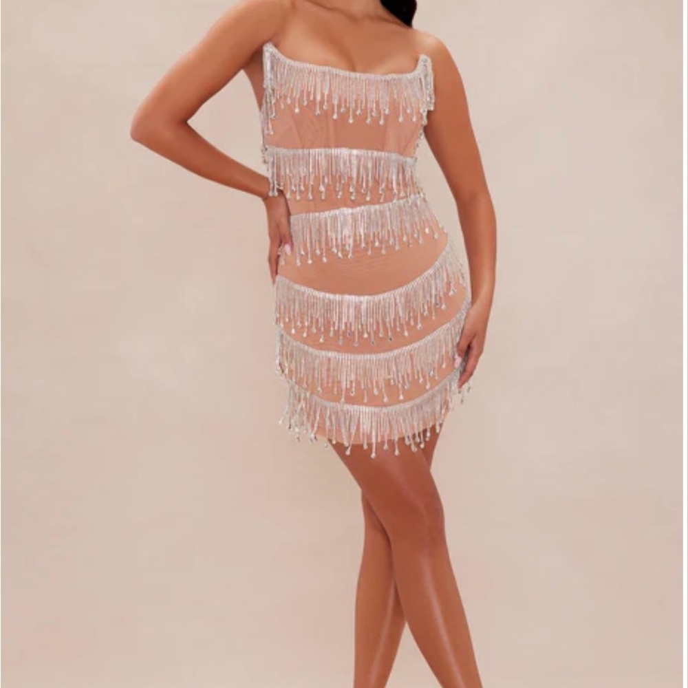 NovaLuxe Nude/Beige Crystal Fringe Bodycon Mini Dress – Birthday/Club Dress XL